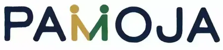 PAMOJA logo. Letters P, A, O, J, A are dark blue. The letter M is formed by two stylized figures. The left figure is gold with a round head, and the right figure is green with a round head. They face each other, their bodies forming the M shape.